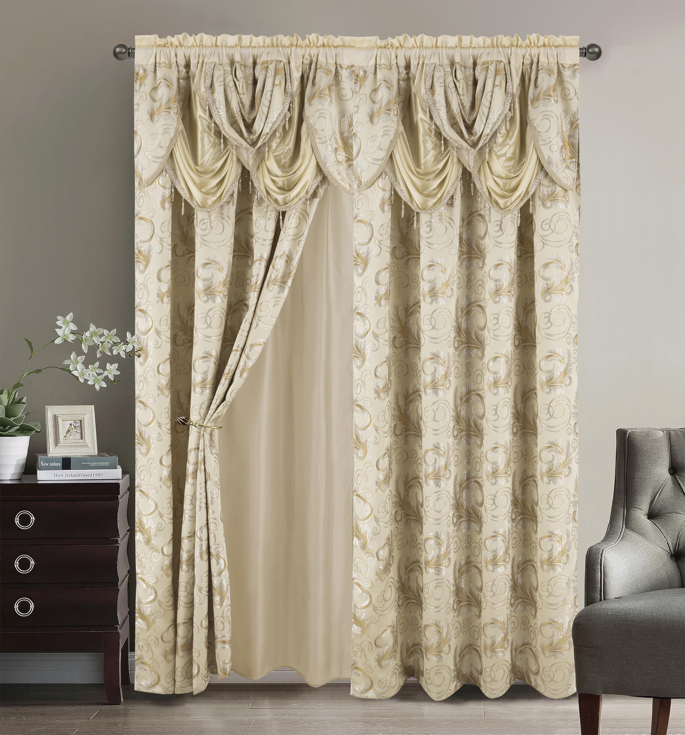Golden Rugs Jacquard Luxury Curtain Window Panel Set Curtain with Attached Valance and Backing Bedroom Living Room Dining 112"X84" Each Jana Collection (Beige)