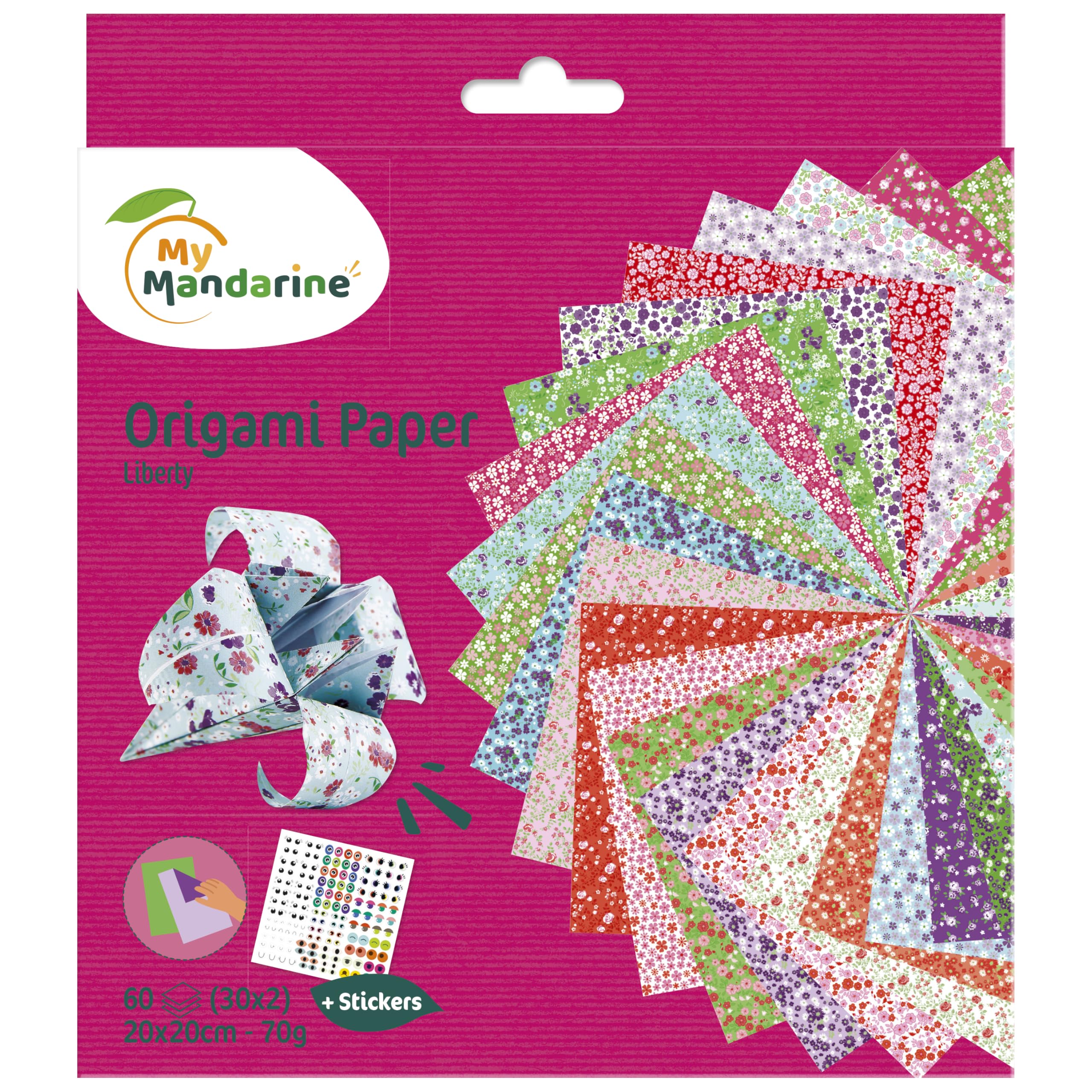 Avenue Mandarine 52509O - A pack of 60 Origami sheets 20x20 cm 70G (30 designs x 2 sheets) + a sheet of stickers ''Yeux'', From 7 years - LIBERTY THEME