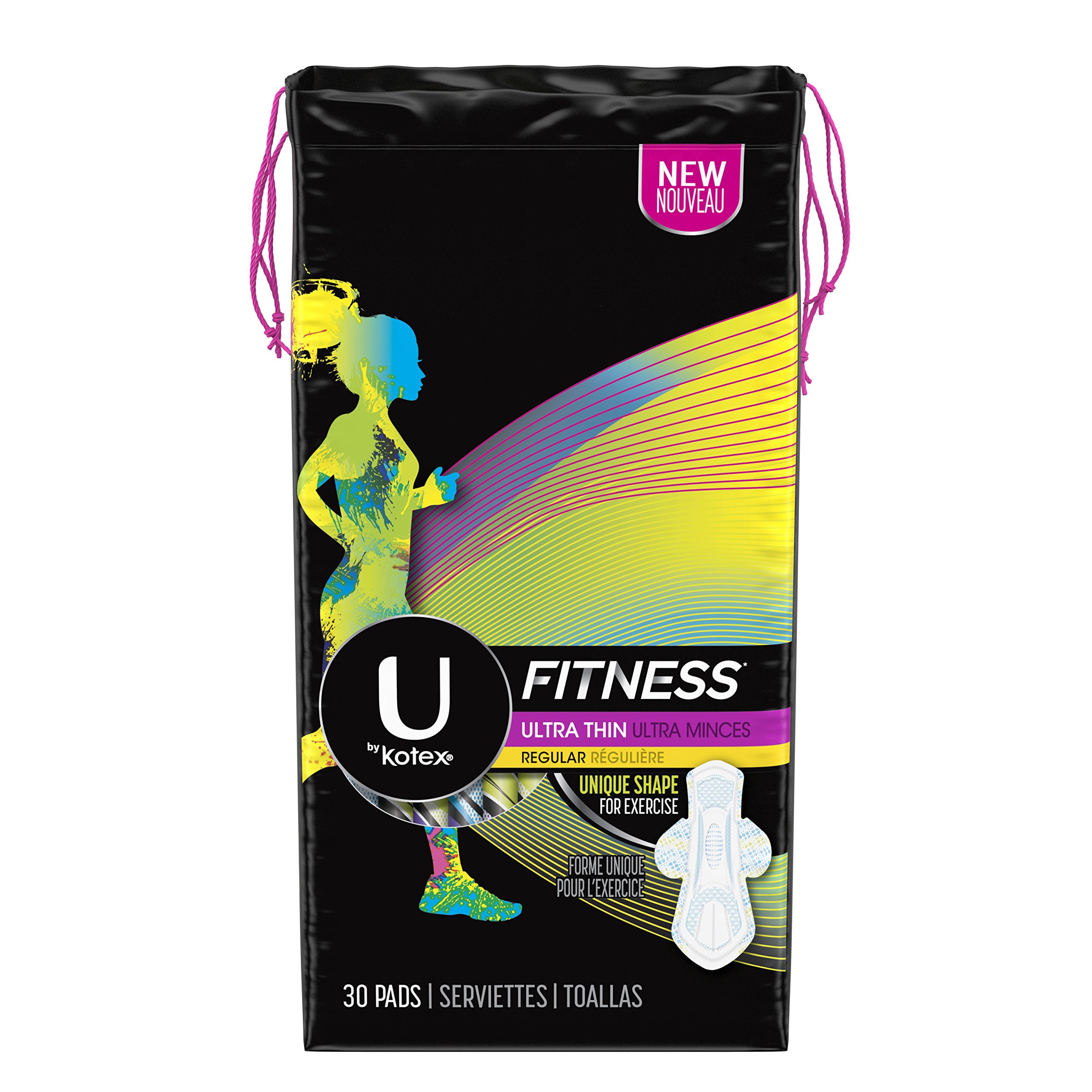 U by Kotex Fitness Ultra Thin Pads with Wings, Regular Absorbency, Unscented, 30 Count
