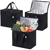 VENO 3 Pack Insulated Reusable Grocery Shopping Bag, Food Delivery, Cooler Bag, Heavy Duty, Large Size, Durable Handles, Dual Tab Zips, Lid, Stands Upright, Collapsible, Sustainable (Black, 3 Pack)