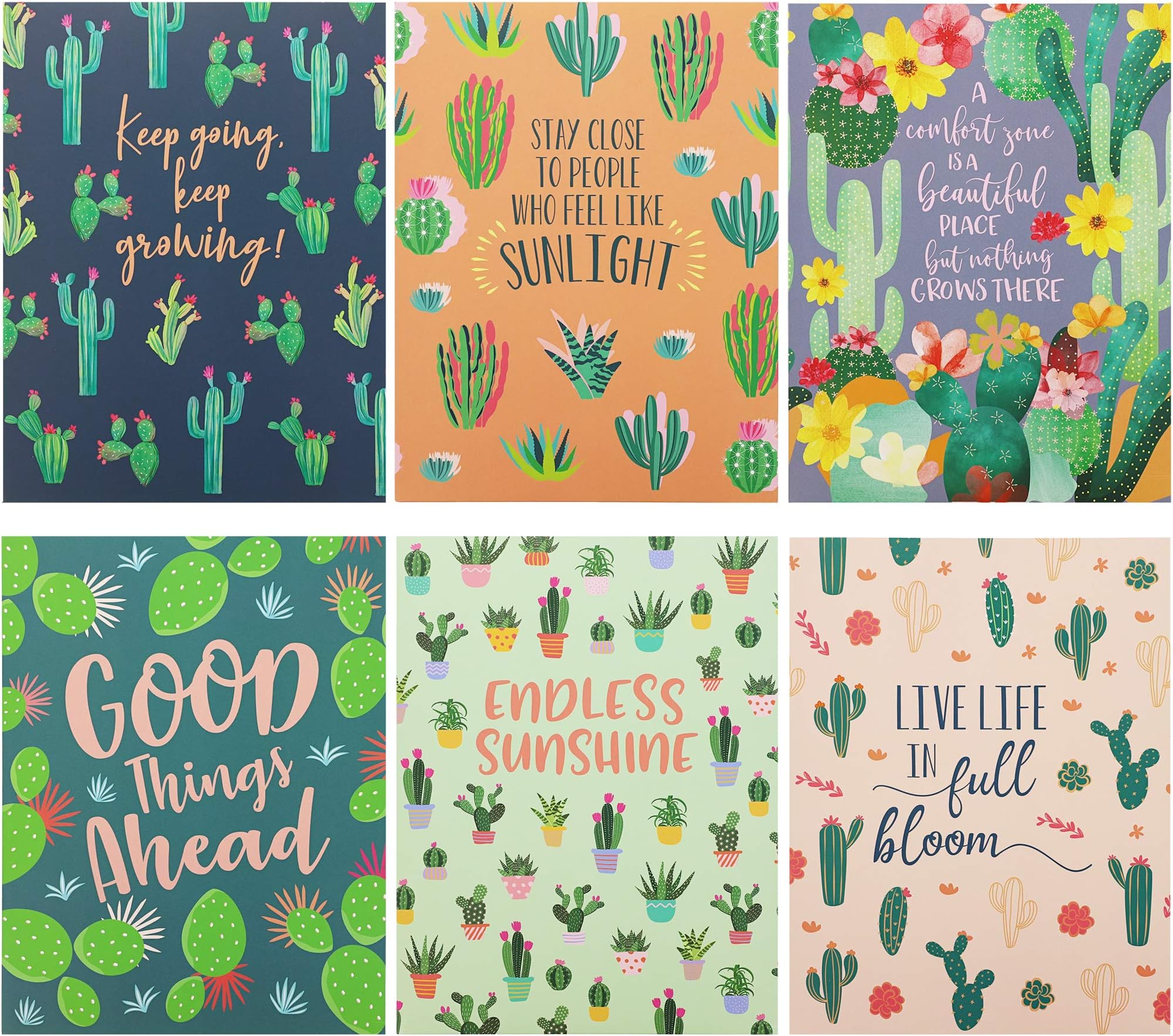 12 Pack Inspirational 2 Pocket Folders, Letter Size, 6 Decorative Motivational Designs for School, Home, Office, Women Girls (9.25x12 inch) - Succulent Cactus