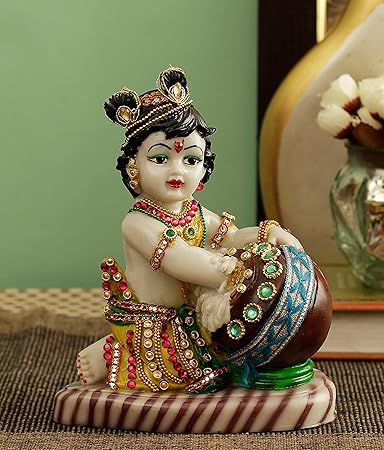 TIED RIBBONS Lord Krishna Makhan Chor Idol Sculpture Decorative Statue Figurine Showpiece for Pooja Room Temple Shelf Showcase Table Home Decoration and House Warming, 19 X 15 X 9 cm (Multicolour)