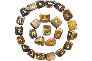 Crocon Tiger Eye Gemstone Tumbled Rune Stones with Elder Futhark Alphabet Engraved 25 pcs Runes Set Crystal Divination Healing Chakra Reiki with a Pouch & A Rune brochure Size : 15-25 mm
