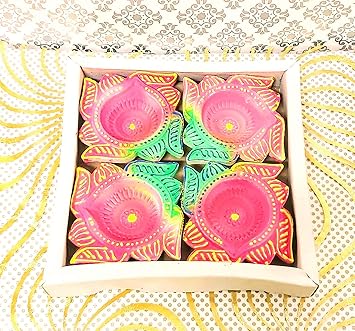 Diwali Diya: Flower Basket Diwali Diya Set of 4 | Handmade | Earthen Clay Terracotta | Decorative Diya | Festival Diya Oil Lamps | Multicolor