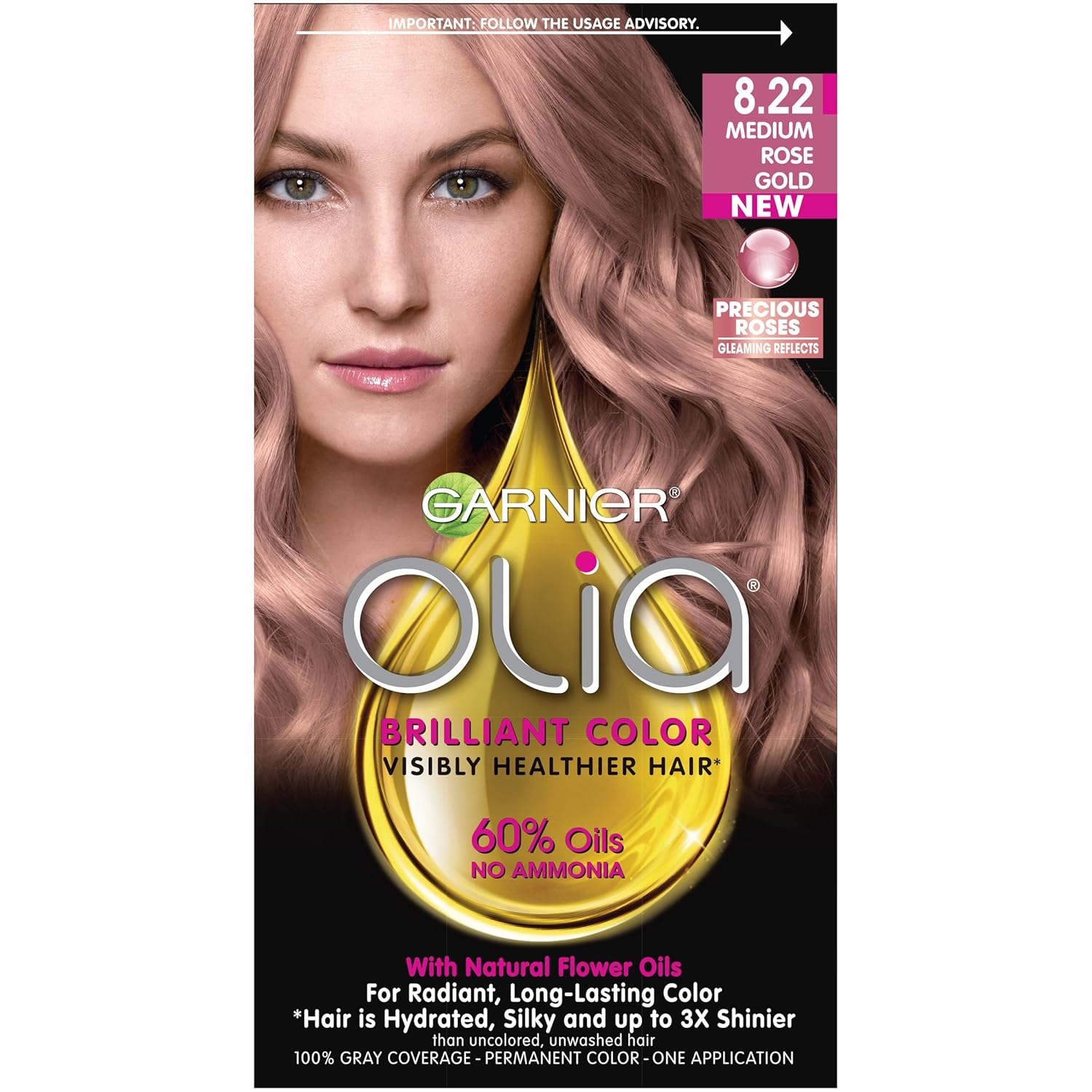 Garnier Olia Ammonia-Free Brilliant Color Oil-Rich Permanent Hair Color, 8.22 Medium Rose Gold (Pack of 1) Pink Hair Dye (Packaging May Vary)