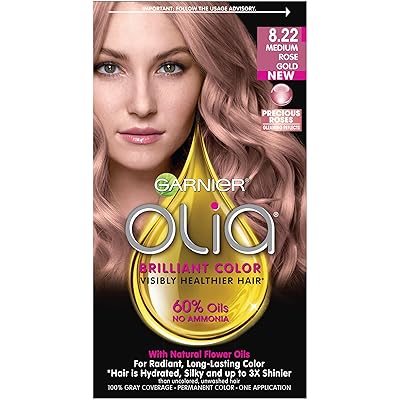 Garnier Olia Ammonia-Free Brilliant Color Oil-Rich Permanent Hair Color, 8.22 Medium Rose Gold (1 Kit) Pink Hair Dye (Packaging May Vary)