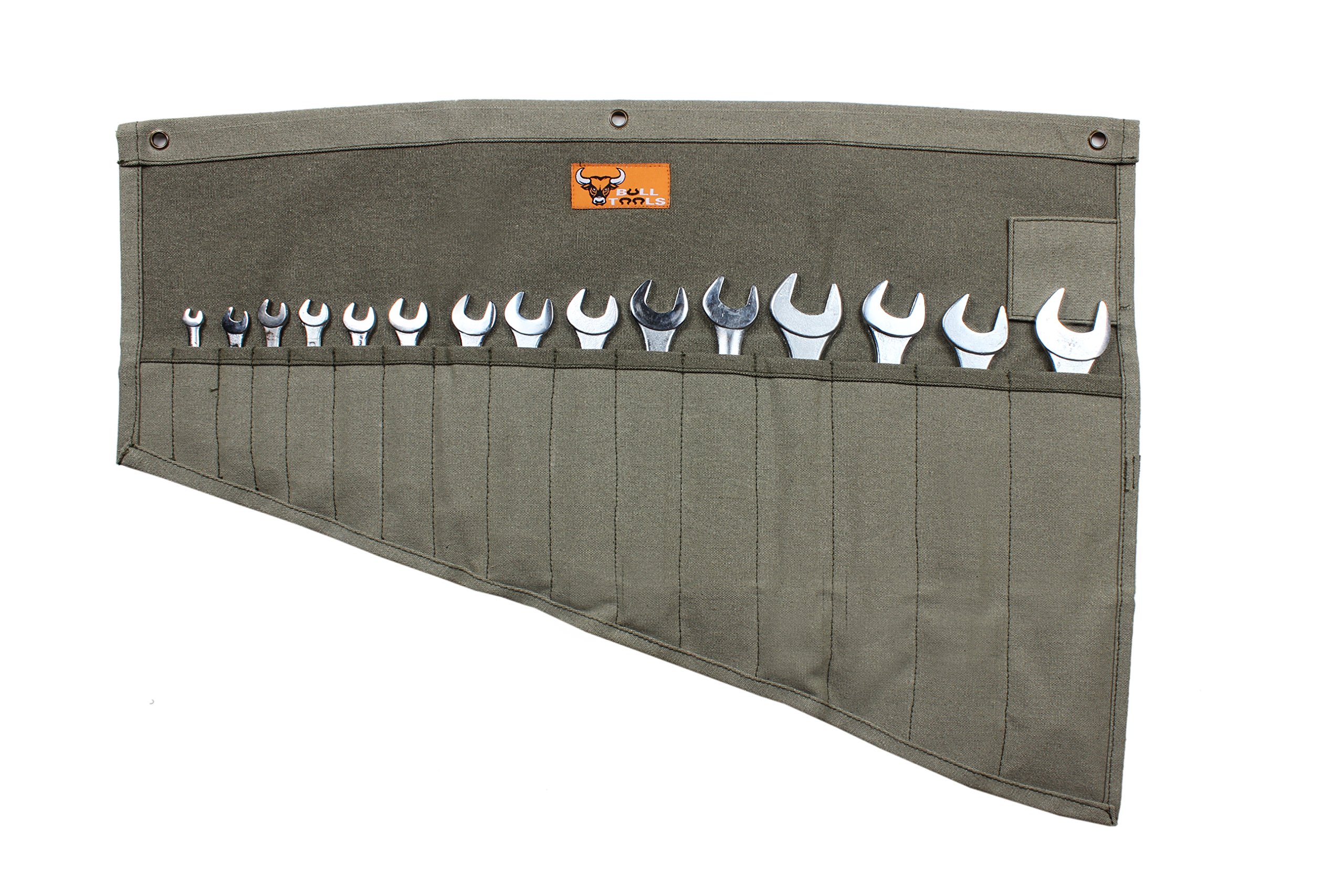 BULL TOOLS Portable Wrench Organizer Roll Up Tool Bag, Handcrafted Heavy Duty 16 Pocket Cotton Canvas Pouch, Durable SAE & Metric Storage Washed Olive Drab (Tools Not Included)