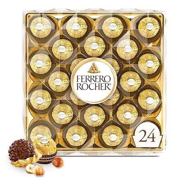 FERRERO ROCHER GOURMET HAZELNUT MILK CHOCOLATE GIFT BOX, 24 INDIVIDUALLY WRAPPED TREATS, 10.6 OZ