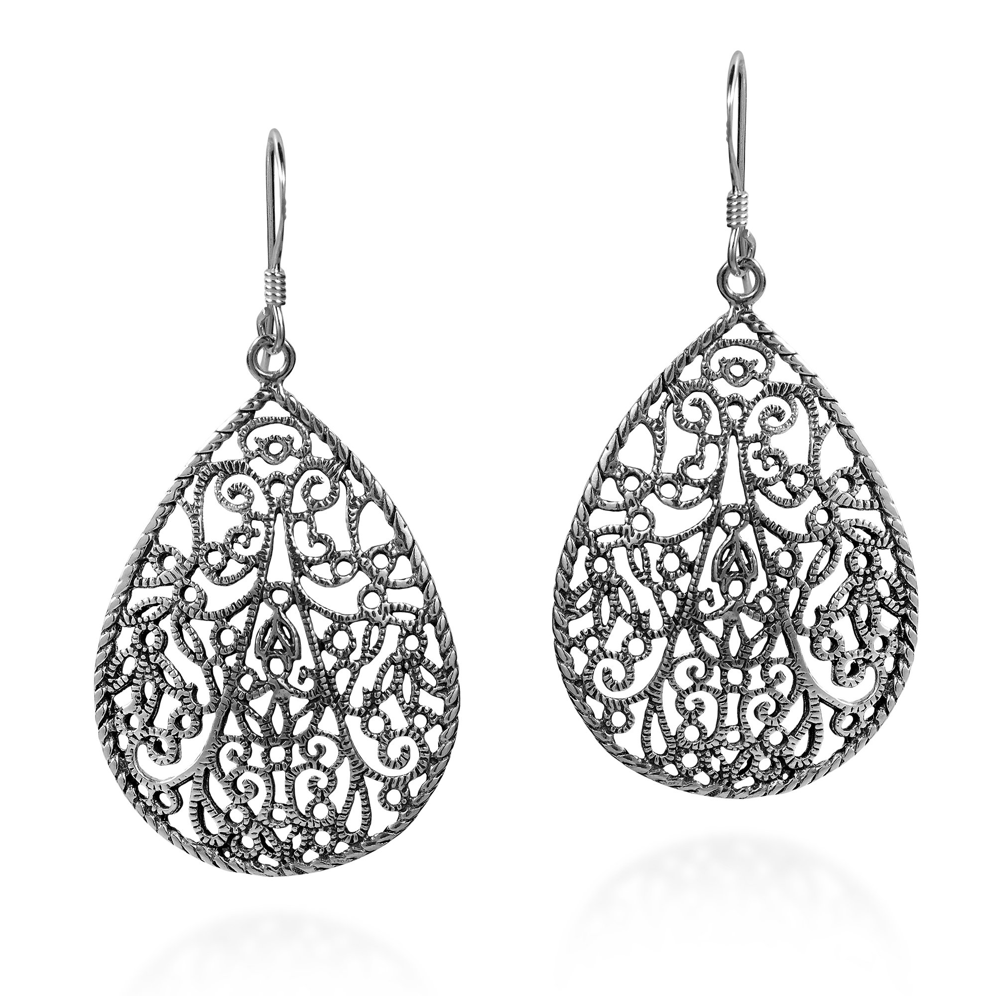 Vintage Inspiration Filigree Textured Teardrop .925 Sterling Silver Dangle Earrings