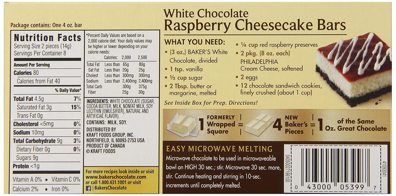 Baker's Premium White Chocolate, Baking Chocolate Bar, 4.0 Ounce (Pack