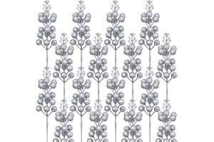 LUZOGA 24 Pack Christmas Glitter Berries Stems, 8.26Inch Artificial Christmas Picks for Christmas Tree Ornaments, DIY Xmas Wreath, Crafts, Holiday and Home Decor（Silver）
