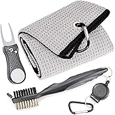 Mile High Life Microfiber Waffle Pattern Golf Towel | Club Groove Cleaner Brush | Foldable Divot Tool with Magnetic Ball Marker (Gray Towel/Brush/Bone Divot)