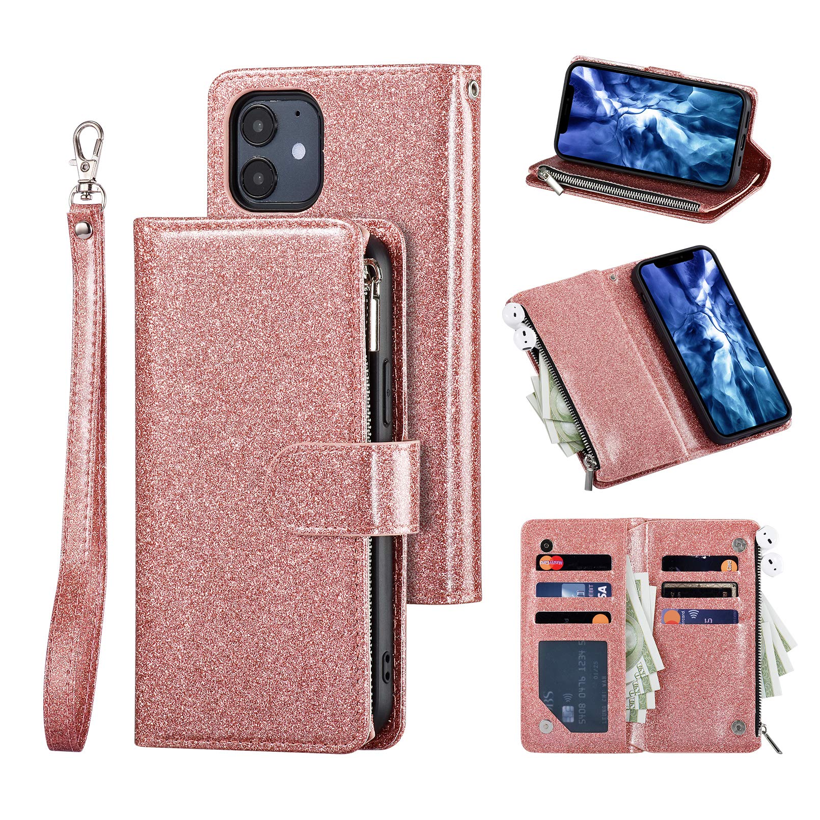 UEEBAI Wallet Case for iPhone 12 mini 5.4 inch, Premium Glitter PU Leather Case Magnetic Closure Bling Handbag Zipper Pocket Case Kickstand Card Holder Slots Shockproof Flip Cover - Rose Gold