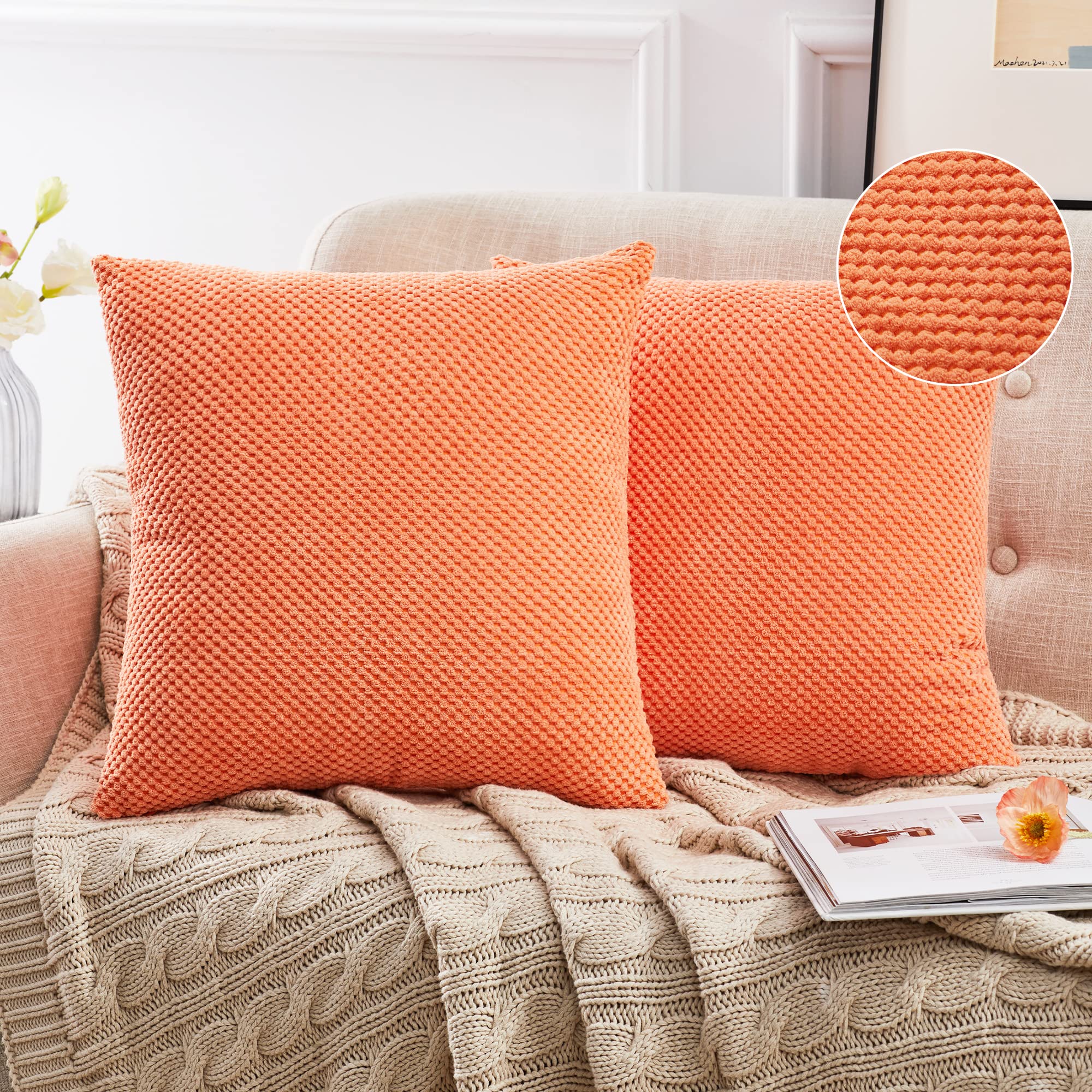 Deconovo Corduroy Cushion Covers 45 x 45 cm, Soft Granule Throw Pillow Covers, Square Pillow Cases for Couch Sofa Bedroom, Orange, 18x18 Inch, Pack of 2