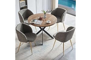 NORDICANA 5 Pieces 37-Inch Round Dining Table and Upholstered Chairs for Four Person, MDF Table-top, Moss Grey Fuzzy Sherpa Armchairs with Golden Metal Leg for Kitchen, Reception Room