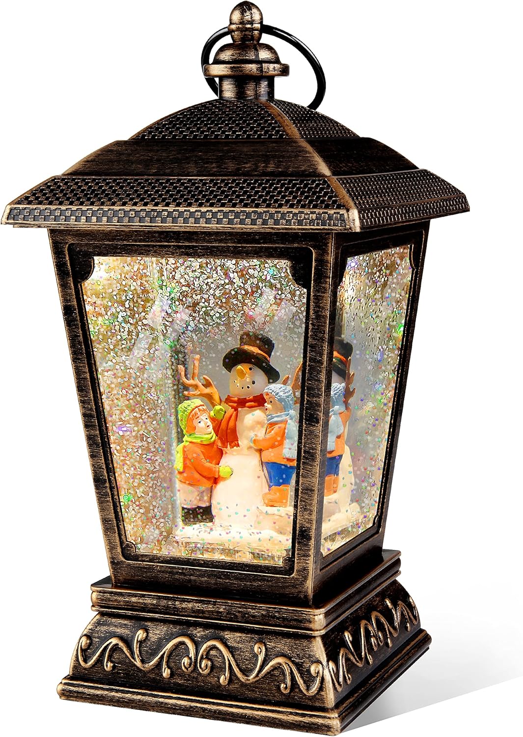 Snow Globes - Christmas Snow Globe Lantern with Swirling LED Glitter Water, Retro Snowman Family Hanging Lighted Lantern for Christmas Home Decoration, Indoor Tabletop Decor Gift (Retro-Snowman Family)