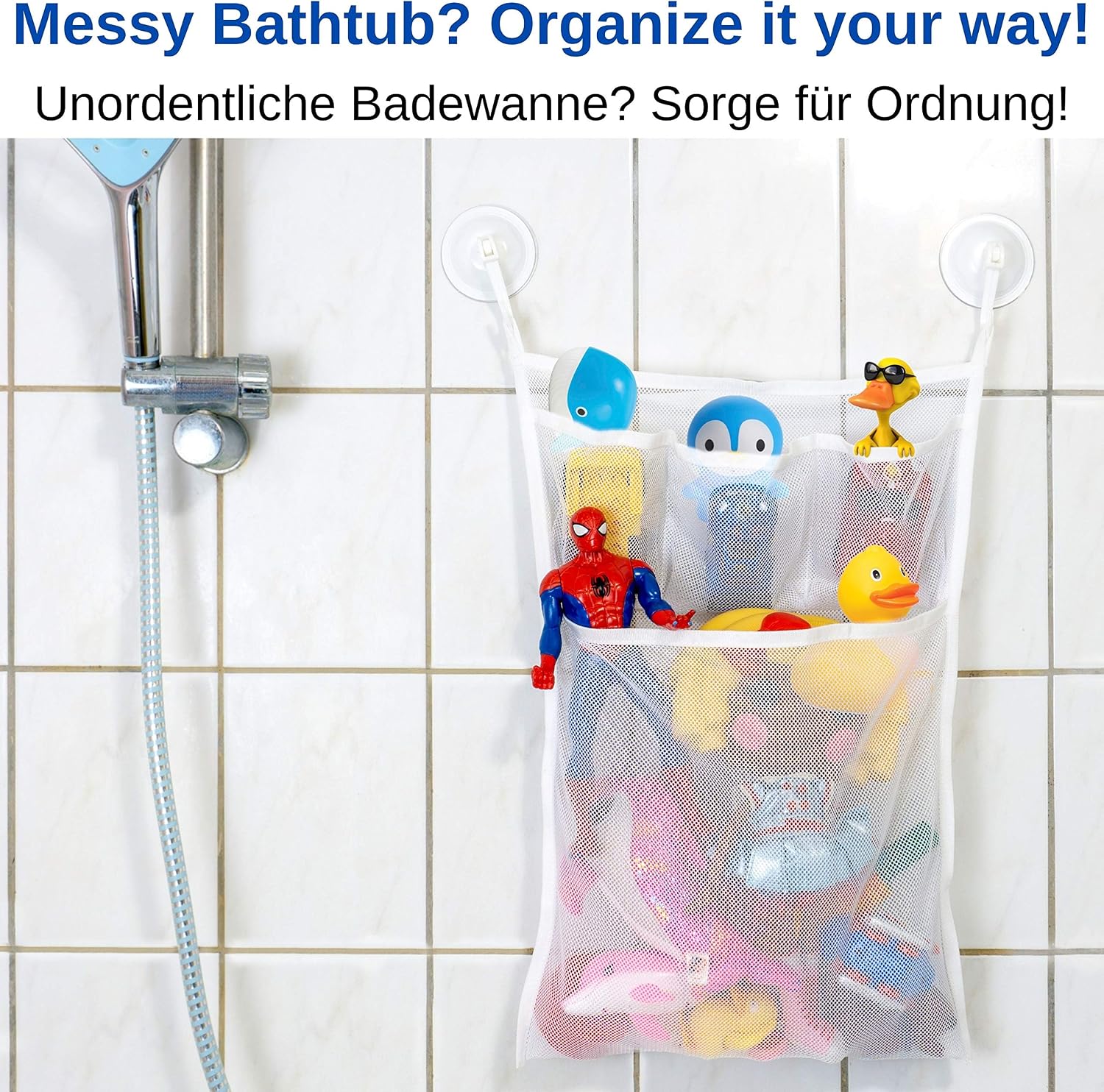 Bathroom Toy Storage, Organiser Net with 4 x Suction Cup Hooks and 2 x Adhesive Hooks, Baby Bath Toys Organiser - Image 3