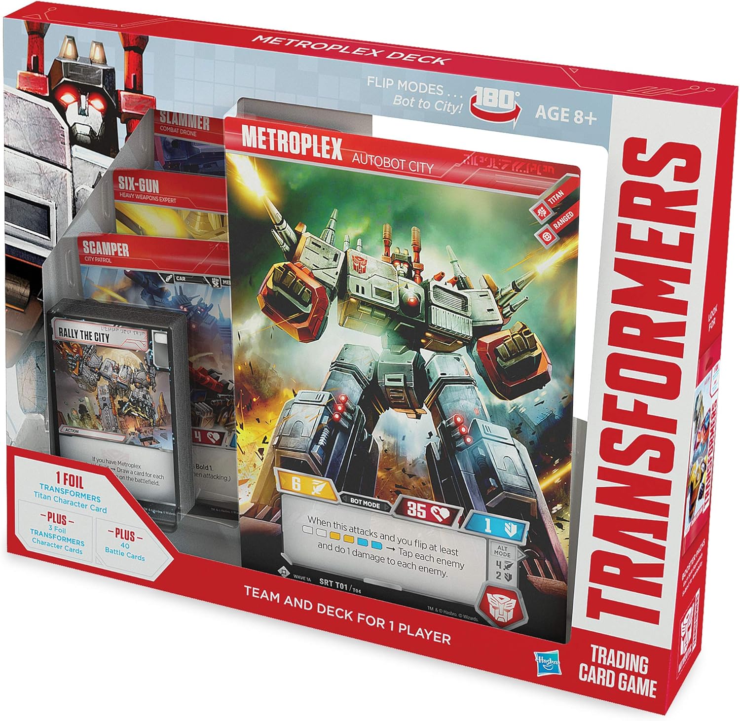 Transformers TCG Metroplex Deck | Foil Titan-Sized Character Card | 44 Cards Incl. Scamper, Six Gun, Slammer