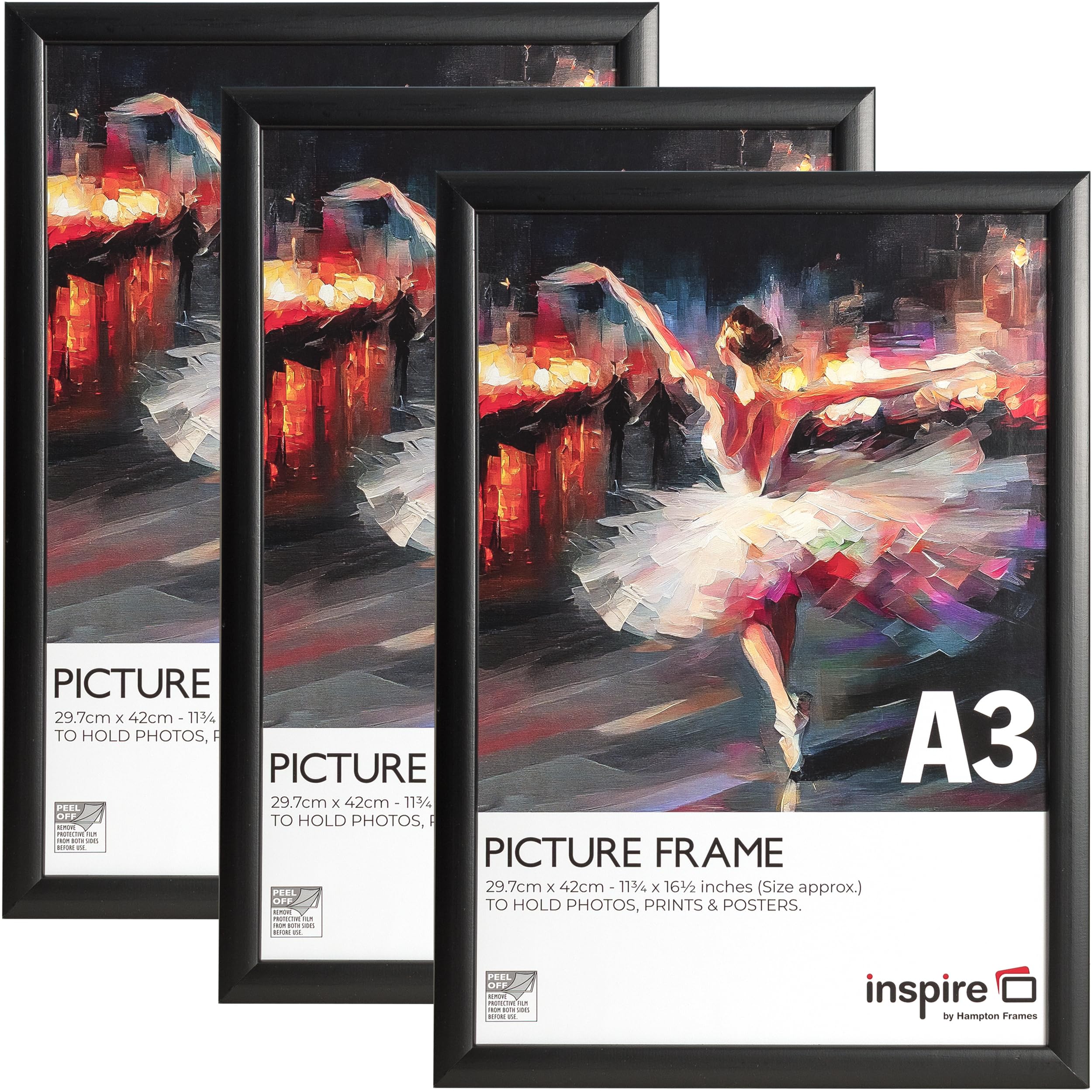 Inspire By Hampton PINEWOOD A3 (30x42cm) Black Picture Frame Acrylic (Non-Glass) Front Pack of 3