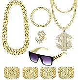 PLOMFOV 80s 90s Outfit for Men Hip Hop Costumes Kit Rapper Accessories Fake Gold Chain Bracelet Gold Ring for Halloween Party