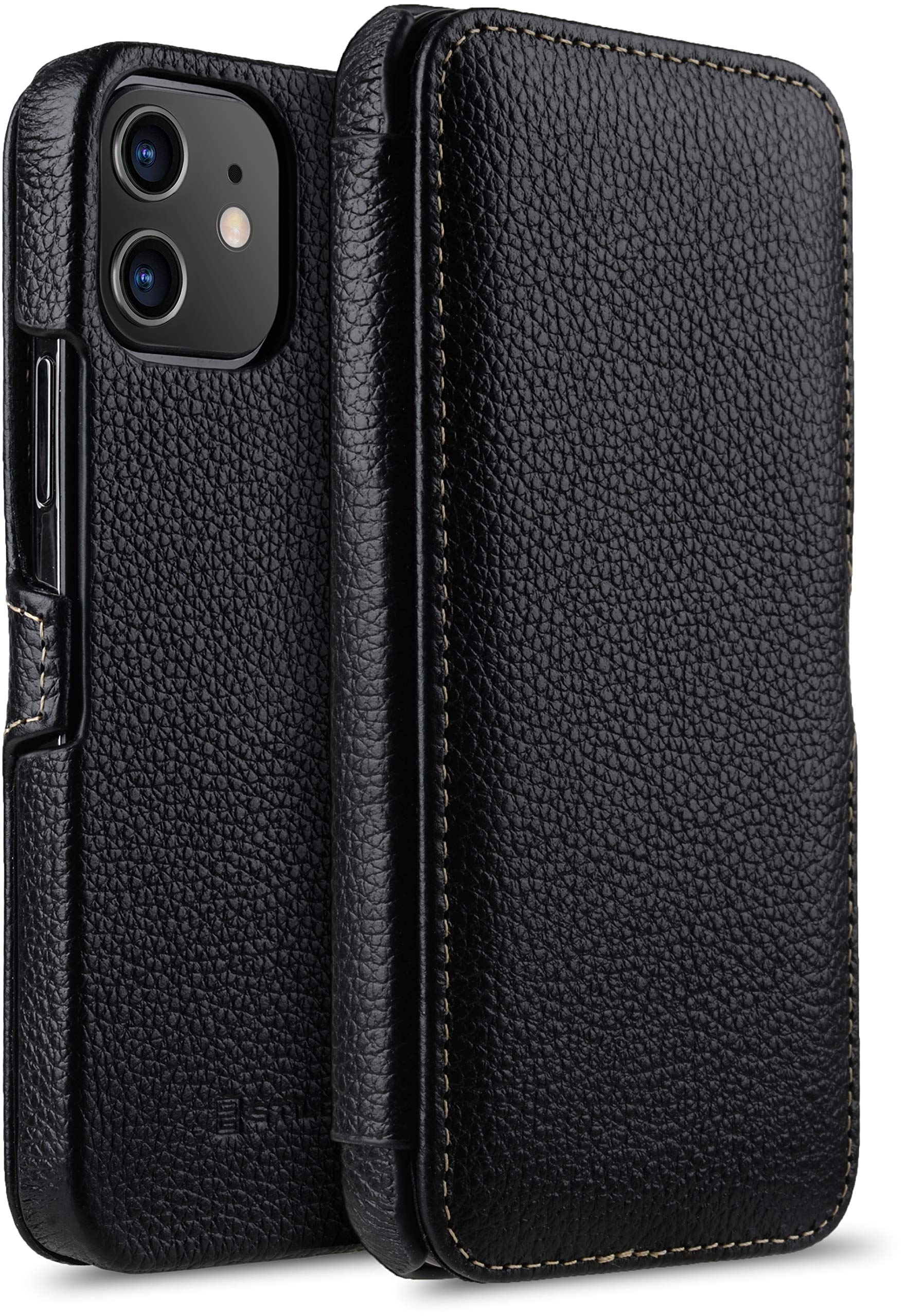 STILGUT Case Compatible with iPhone 12 Mini, Side Flip Case and Clip Closure Genuine Leather Black
