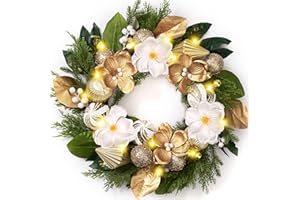 DECOR BY HANNAH Decorbyhannah Collapsible Christmas Wreath, 24 inch Christmas Wreaths for Front Door with Lights, Artificial Reef Indoor Outdoor Decoration with Magnolia Berry Ornaments for Table Window (Gold White)