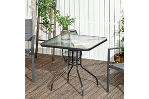 Outsunny Outdoor Dining Table with Umbrella Hole, Square Patio Dining Table with Tempered Glass Top and Steel Frame for Garde