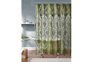 Warm Home Designs Sage Green Lace Shower Curtain 72 x 72 with Attached Valance & 7 Tassels. Luxury Farmhouse Shower Curtains for The Bathroom or Boho Shower Curtains for Bathroom. LA Sage 72"