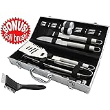Bonus Grill Brush - 20pc Stainless Steel BBQ Grill Tool Set for Men with Gift Box Package - Complete Outdoor Barbecue Grilling Accessories kit in Aluminum Storage Case - by ROMANTICIST