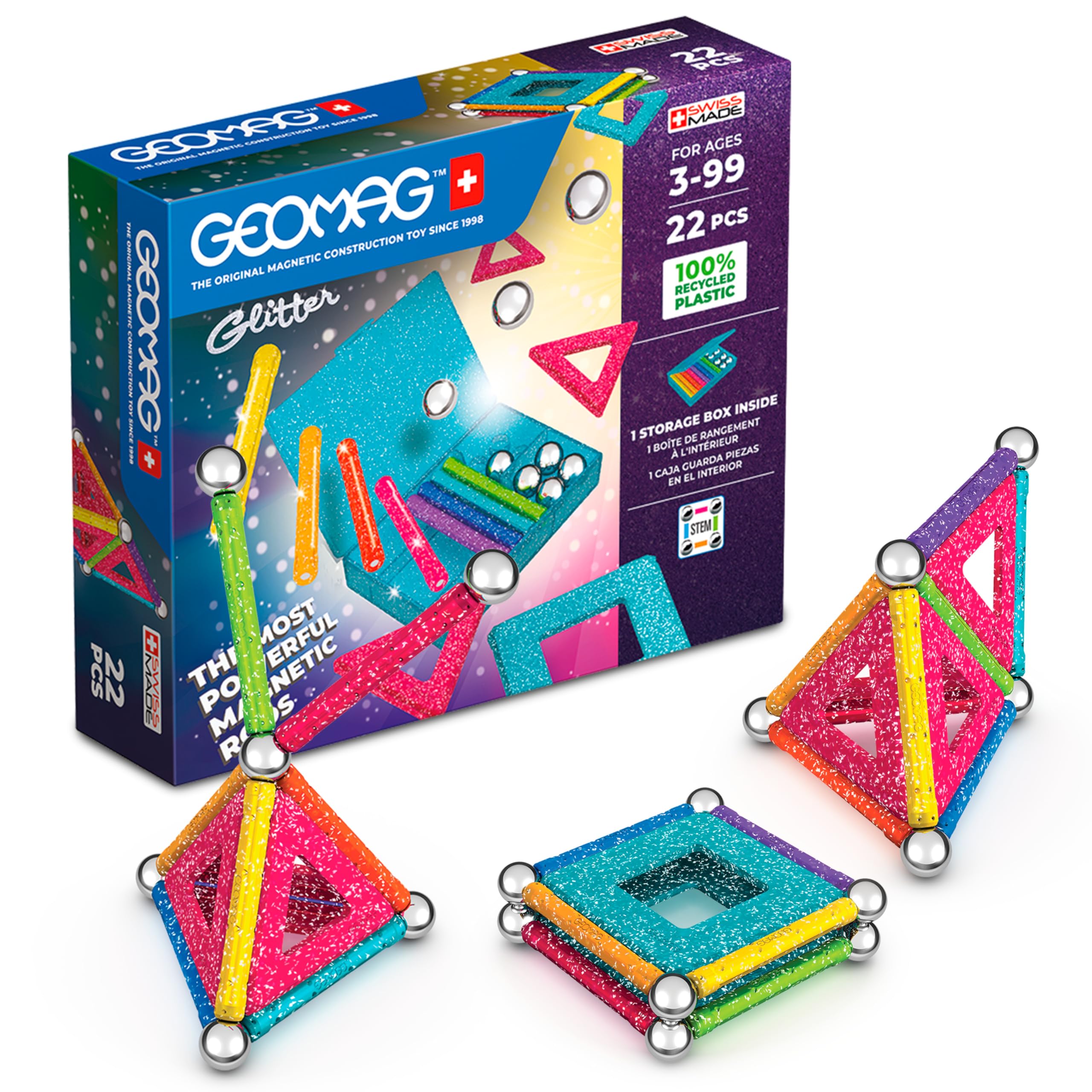 Geomag Construction Toy - Glitter Panels, Powerful Magnetic Rods with Storage Blocks, STEM Learning, Recycled Plastic, 25 pcs, Multicoloured, Age 3-99yrs