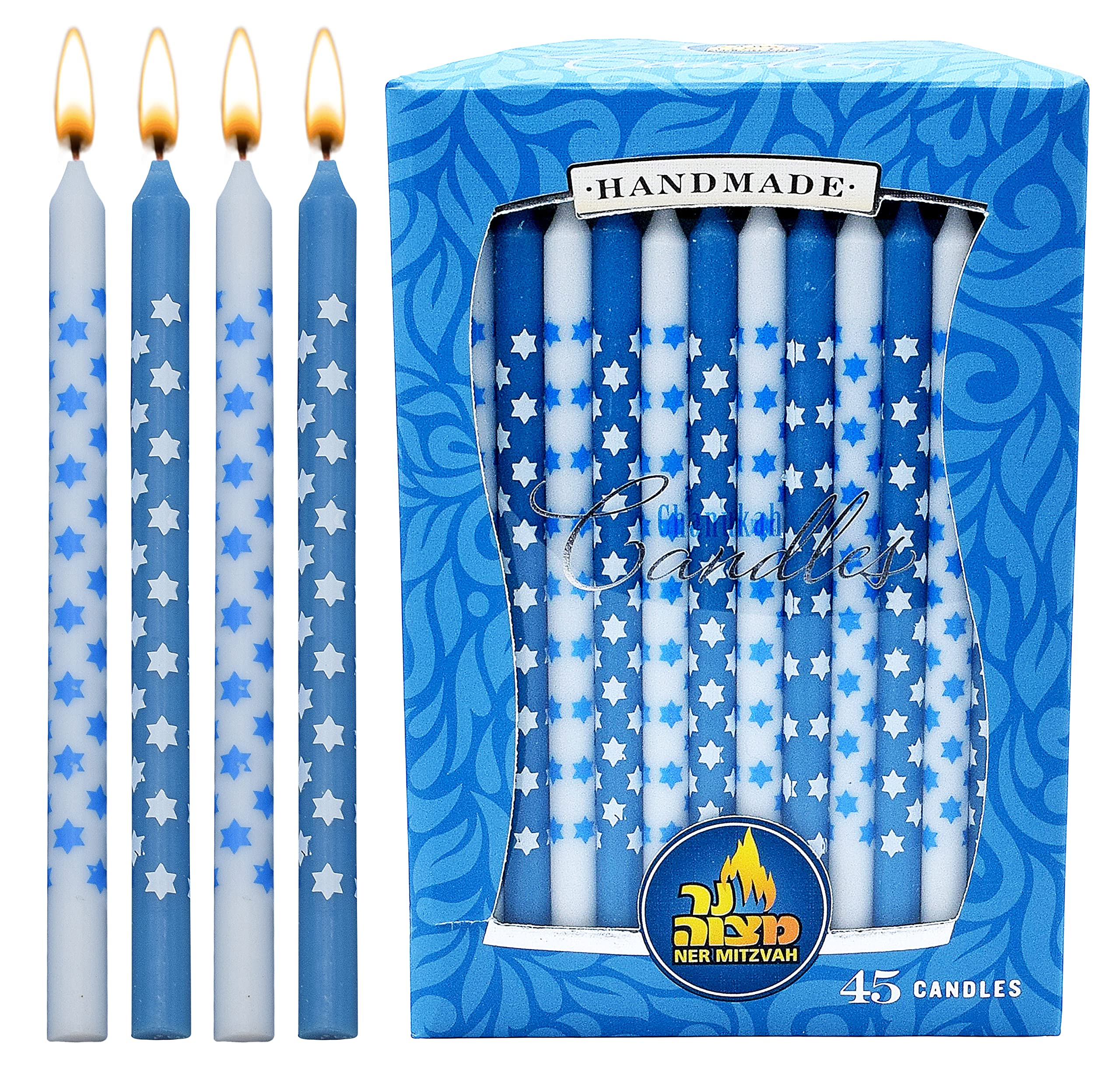 Dripless Chanukah Candles Standard Size - Star Decorated Blue & White Hanukkah Candles Fits Most Menorahs - Premium Quality Wax - 45 Count for All 8 Nights of Hanukkah - by Ner Mitzvah