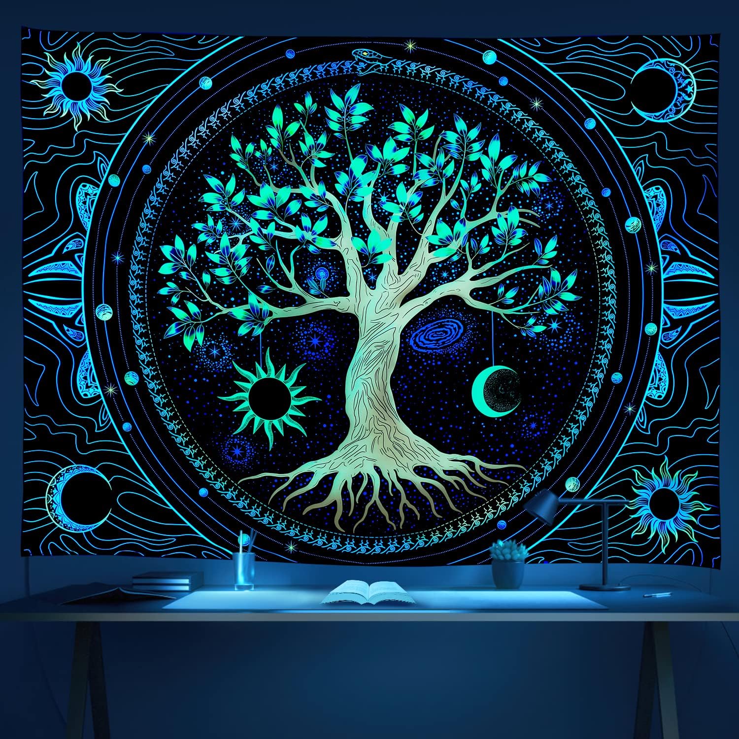 Tapestries - FLY SPRAY Tapestry for Bedroom Aesthetic Black Light Tree of Life Tapestry UV Reactive Colorful Trippy Wall Tapestry Hippie Sun Moon star Galaxy Tapestries Nature Home Forest Wall Hanging Decor