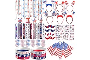 DMIGHT 4th of July Party Favors Set, Fourth of July Decorations 158 Pcs Accessories Includes Slap Bracelets, Necklaces, USA Flags, Tattoos, Wristbands, Glasses, Headbands, Moustaches, Red White and Blue