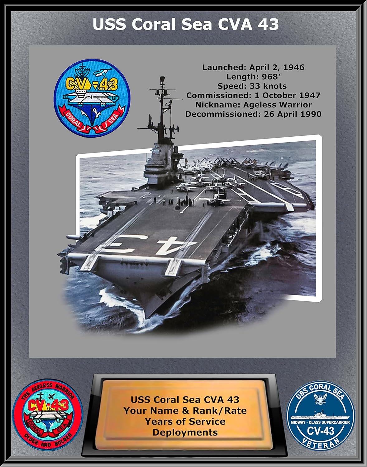 Photographs - USS Coral Sea CV 43 Custom Personalized Photo. US Navy Ships, Aircraft Carrier. Navy Veterans.