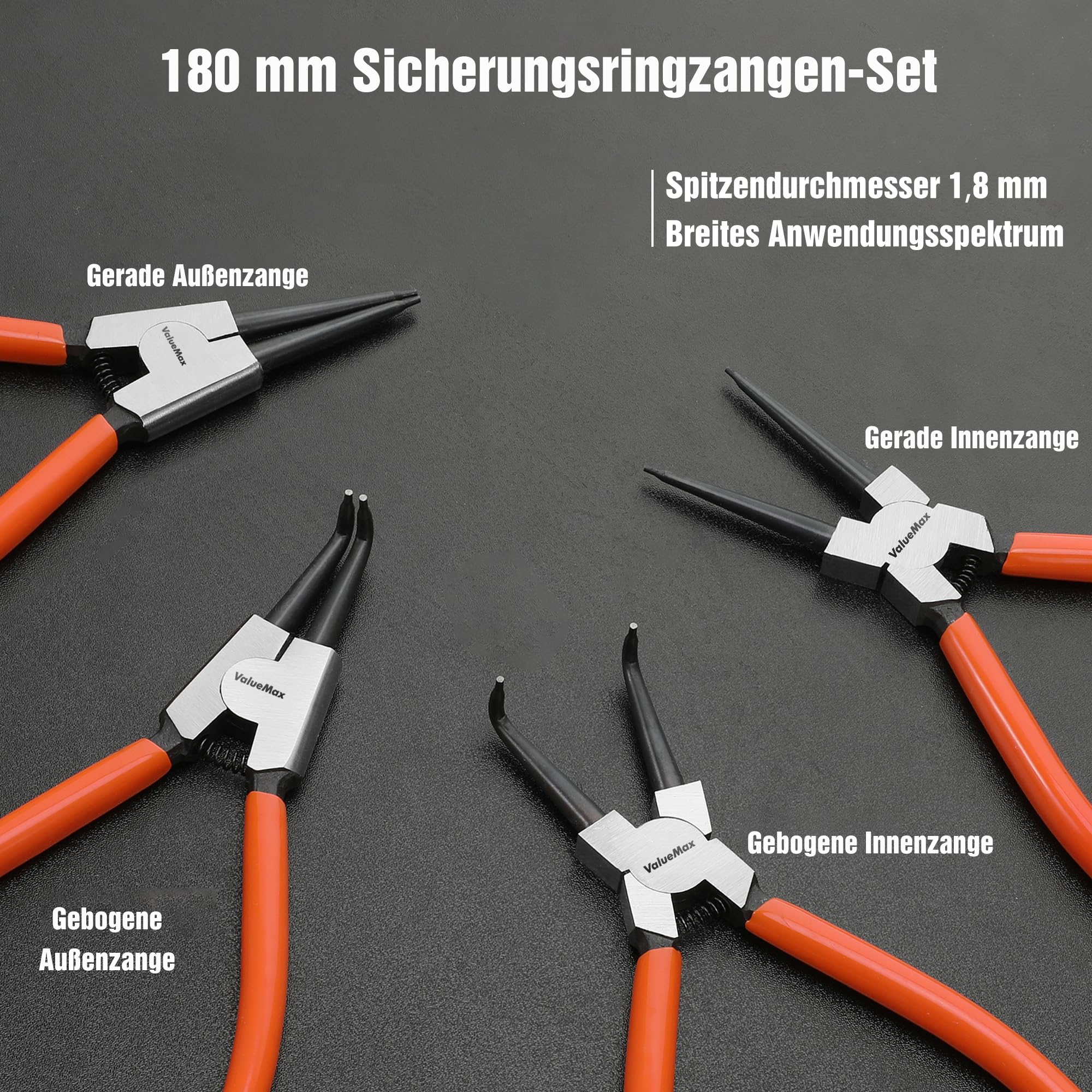 ValueMax Sprengringzangensatz 4tlg.,Sicherungsringzange Set 180mm mit Tasche, für Innen- und Außensicherungen, gerade, gebogen, Seegeringzangen 3