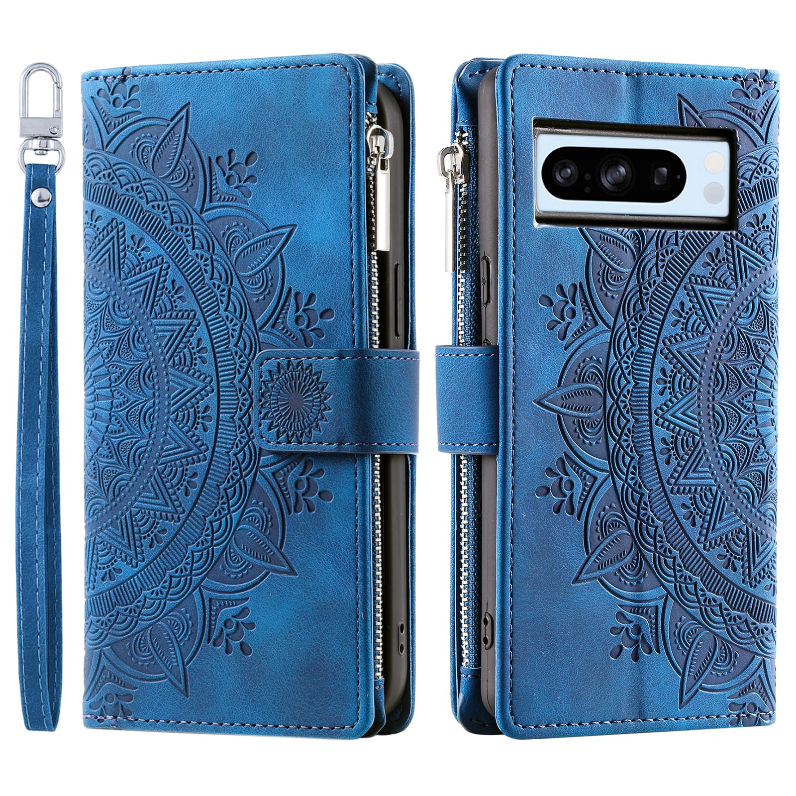 VEEMOS Wallet Case for Google Pixel 8 Pro Flower Flip Case Protective Leather Folio Book Phone Cover with Card Slots Kickstand Zipper Pocket - Blue