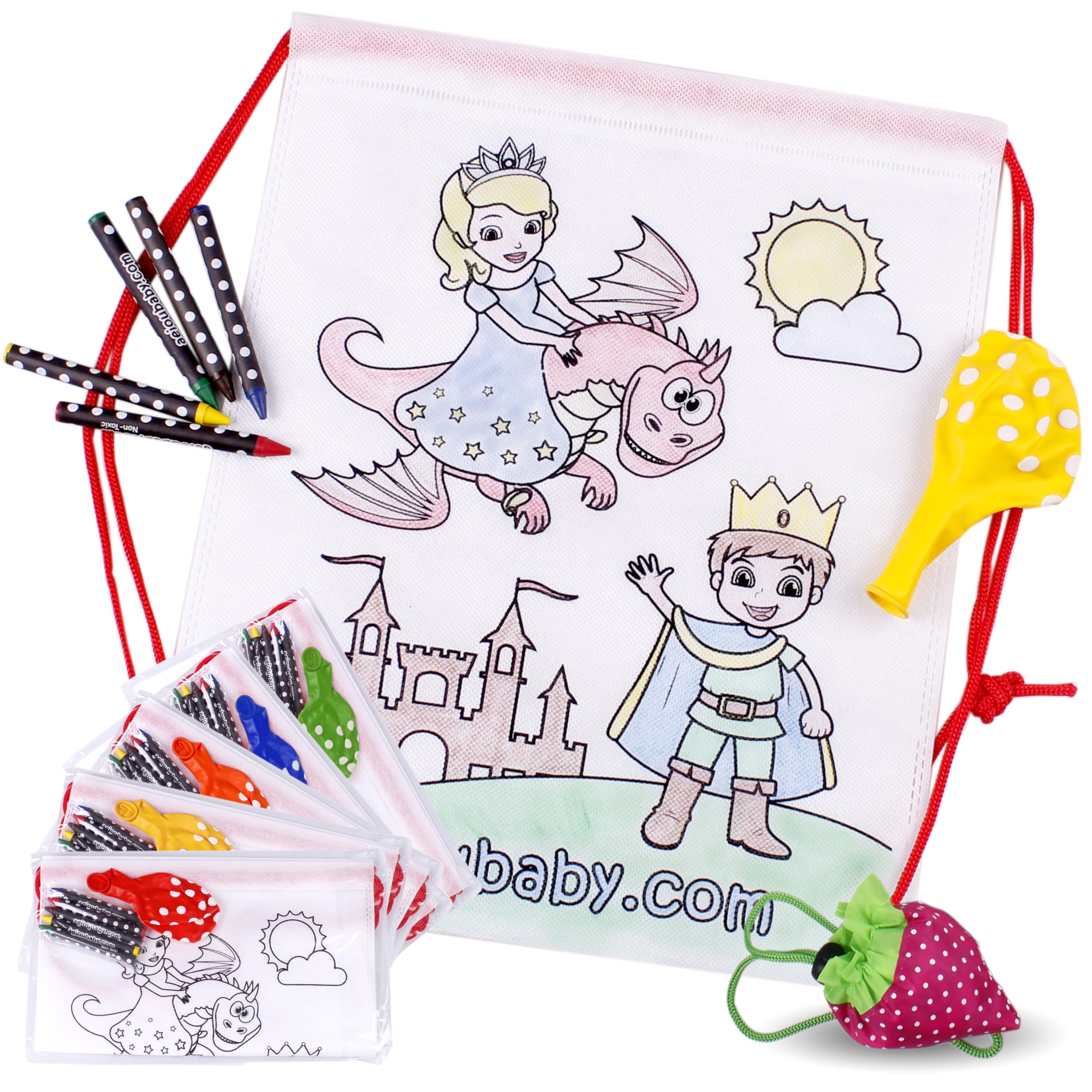 aeioubaby.com 25 Backpacks Color Your Own + Reusable Bag | 25 Individual Bags, 5 Coloured Crayons and Balloon | Children's Gift for Parties and Birthdays (Story)