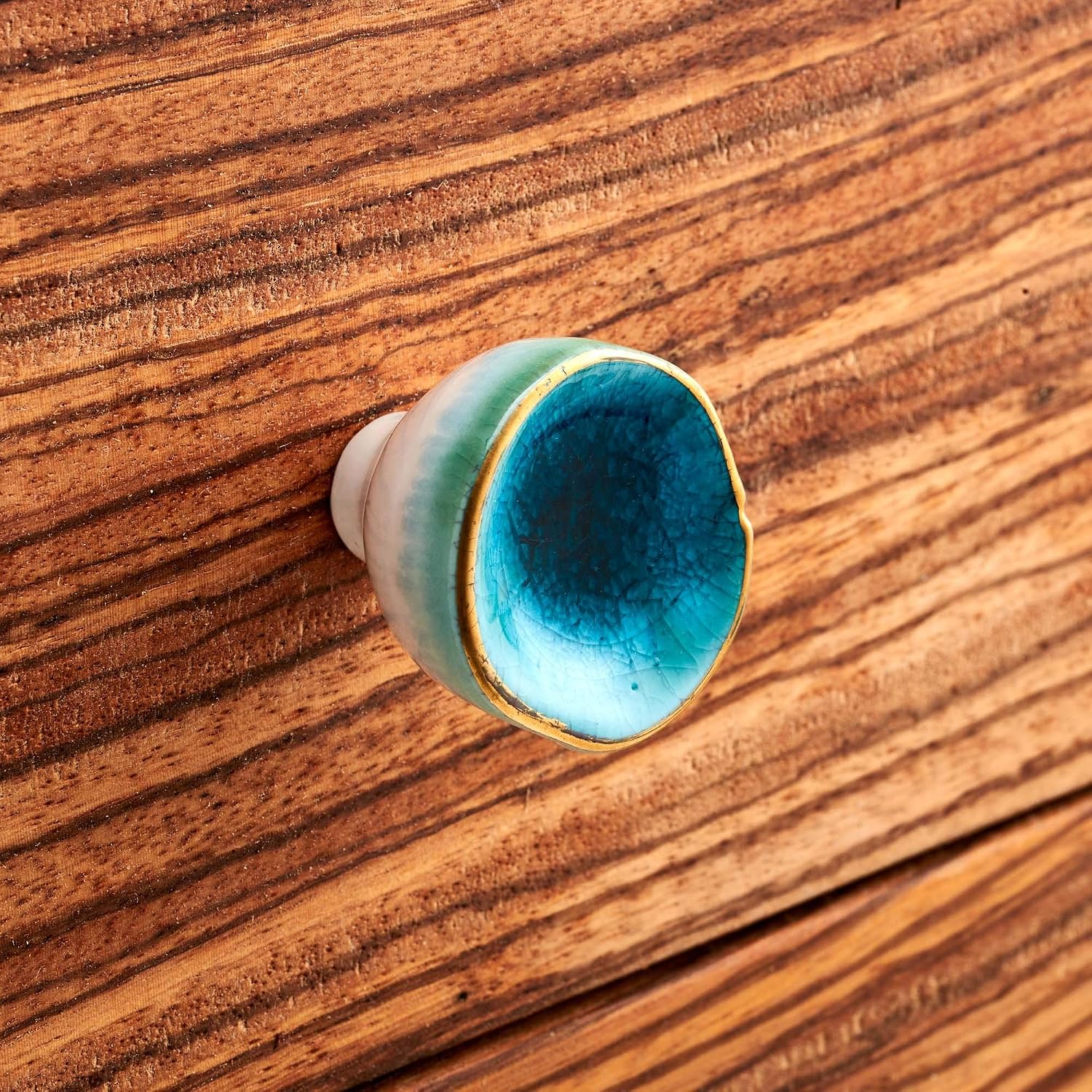 Pushka Home LTD Ceramic Crackled Concave Gold Crater Cupboard Door Knobs (Turquoise & Gold) - Image 3