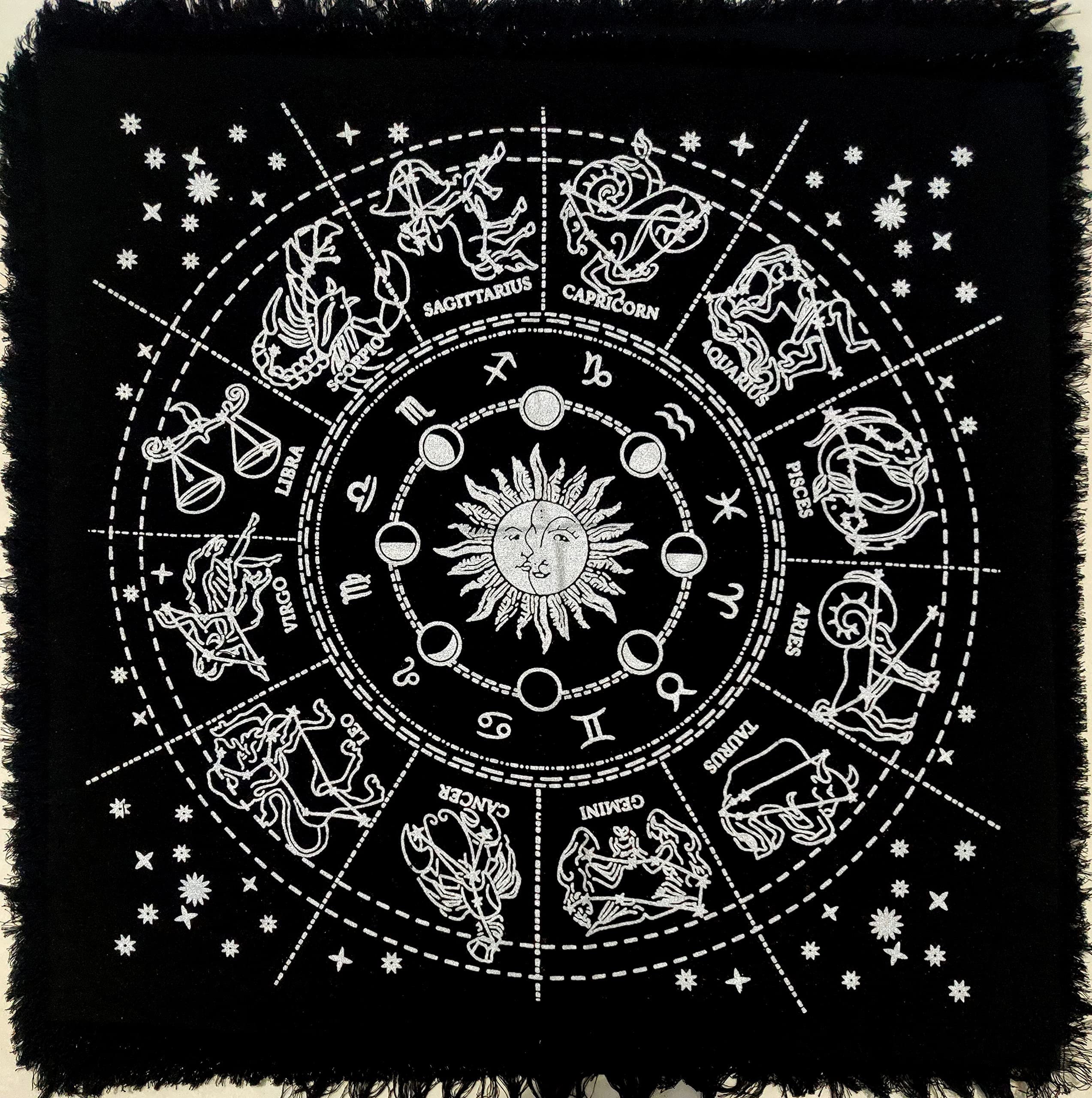 INDIAN CRAFT CASTLE Altar Cloth 12 Constellation Sun, Star & Moon Universe Premium Witchcraft Alter Tarot Spread Top Cloth Wicca Square Spiritual 18 by 18 (Zodiac Silver)