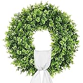 Vlorart 25" Faux Round Boxwood Wreath, Artificial Boxwood Wreath Front Door Wreaths Artificial Spring Summer Greenery Hanging with sash for Front Door Wall Hanging Window Wedding Decor