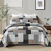 SahSahCasa Quilt King Size, King Quilt Set, 100% Cotton King Quilt Bedding Set Bedspread, Farmhouse Patchwork Quilt, Plaid Reversible Lightweight Rustic Comforter, Grey Black Brown White, 3 Pieces