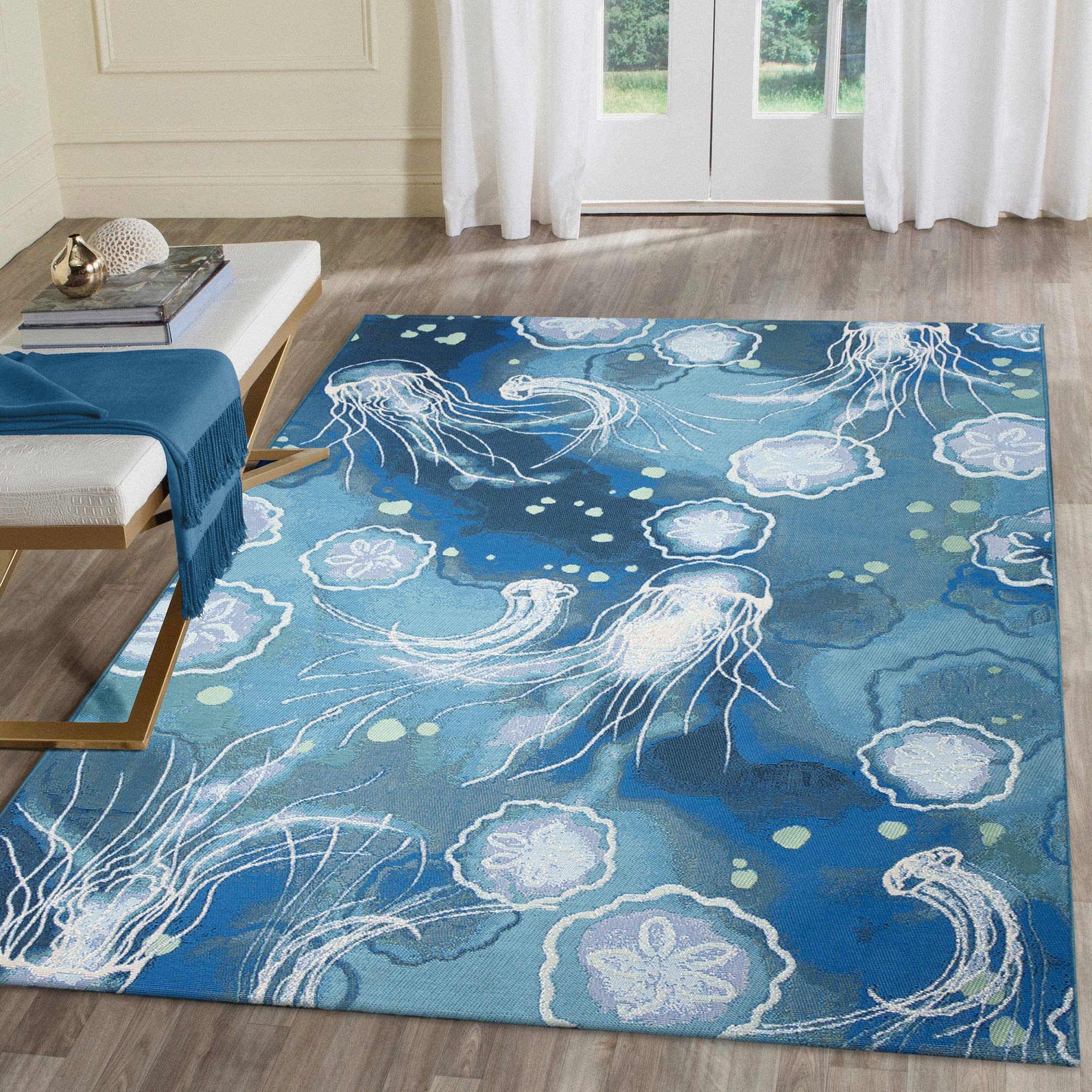 Liora Manne Marina Indoor/Outdoor Power Loomed Synthetic Blend Low Profile Area Rug - Contemporary Graphic Coastal Beach Colorful (Jelly Fish Bloom) (7'10" x 9'10") Image