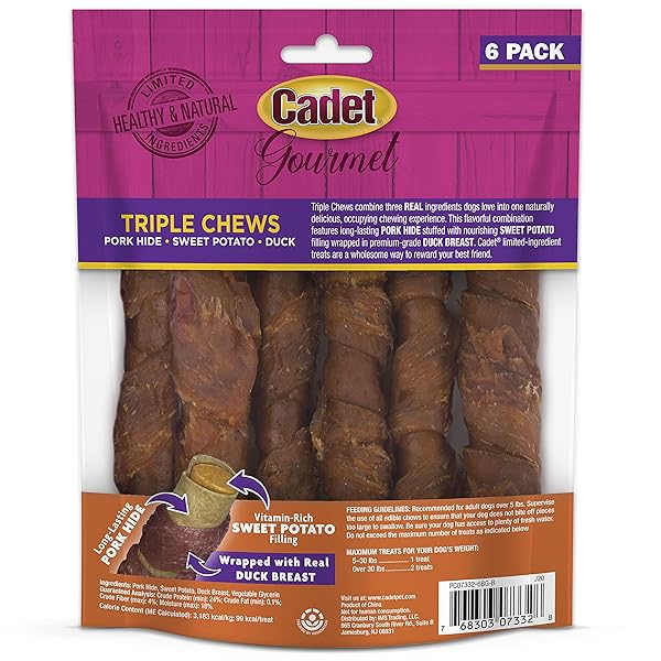 CADET GOURMET TRIPLE CHEWS PORK HIDE, SWEET POTATO, & DUCK DOG TREATS – HEALTHY DOG TREATS FOR SMALL & LARGE DOGS – INSPECTED & TESTED IN USA (6 COUNT)