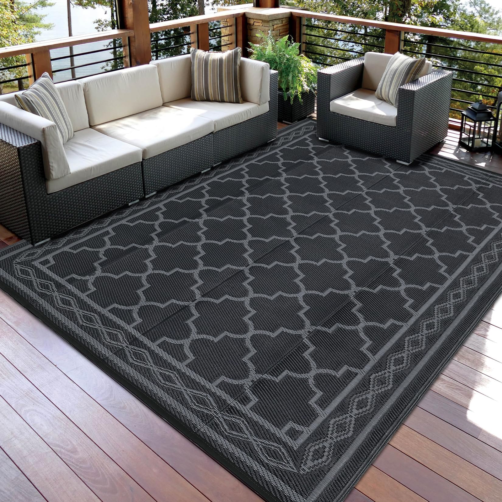 GarveeHome Outdoor Rug 8×10 Reversible Mats, Plastic Straw Rug, Large Floor Mat and Rug for Outdoors, Modern Area Rug, Patio, Backyard, Deck, Picnic, Beach, Trailer, Camping, Grey/Black(Geometric)