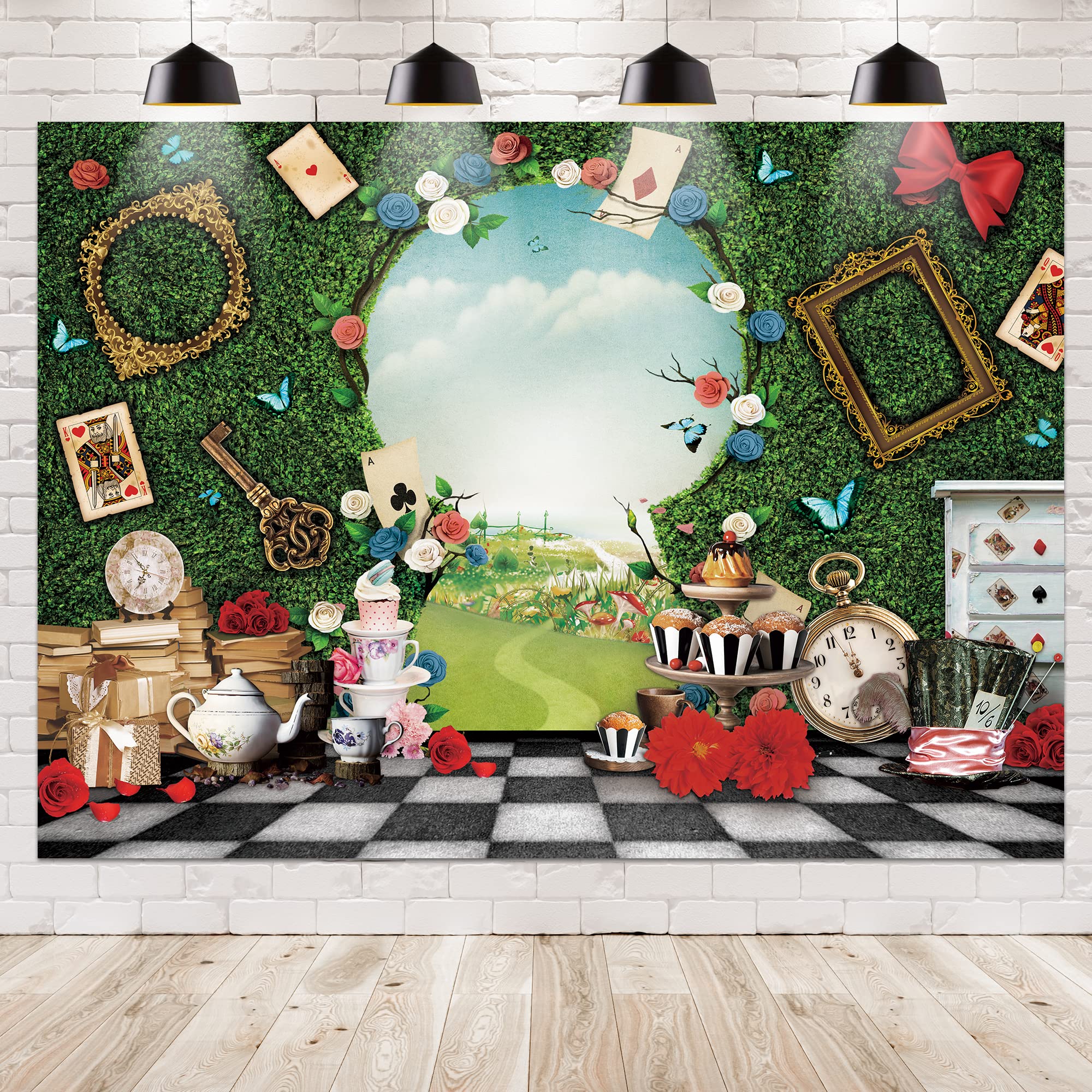 Photo 1 of Newsely Wonderland Tea Party Photo Backdrop 7Wx5H Photography Key Hold Checkerboard Green Grass Fence Decorations Background for Newborn Baby Shower Fairy Castle Tale Tapestry Banner Props Supplies