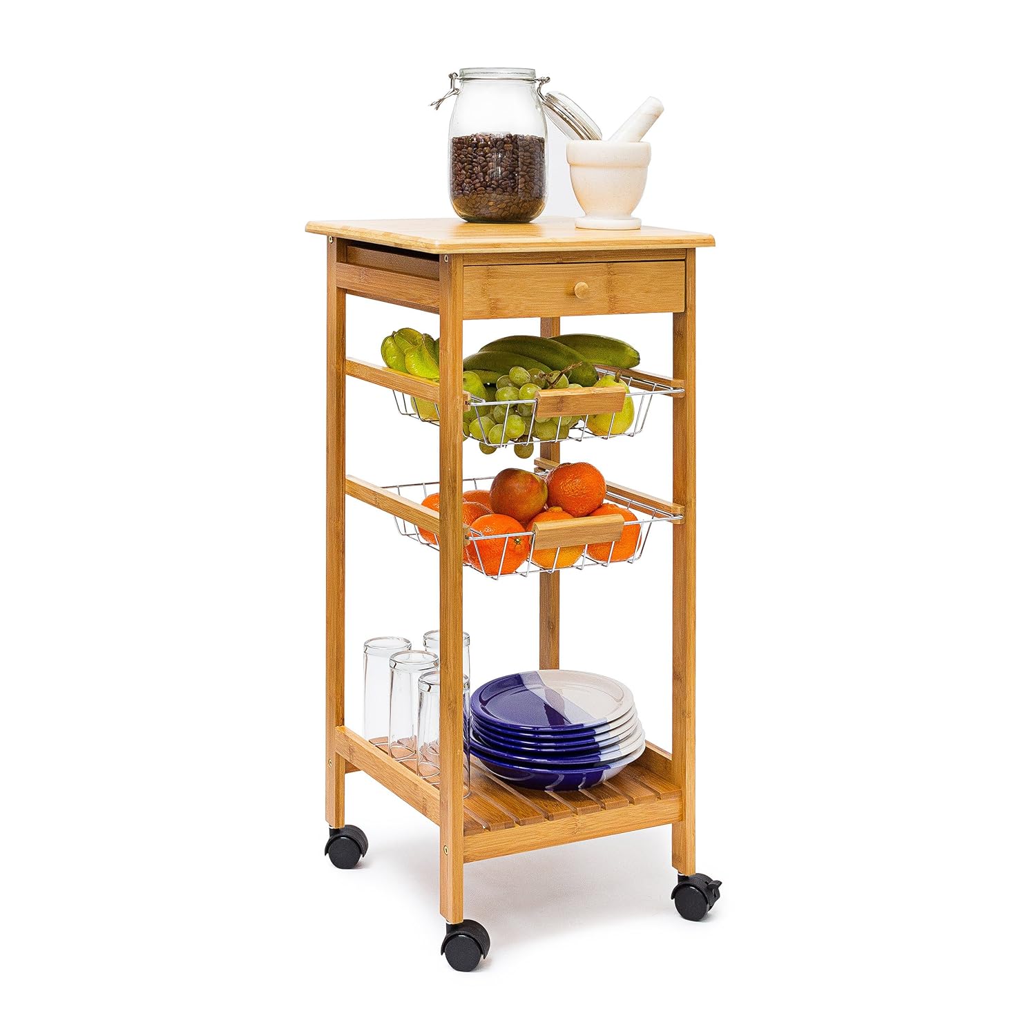 Relaxdays Carro de Cocina James Hecho de bambú, Acero Inoxidable, 80,5