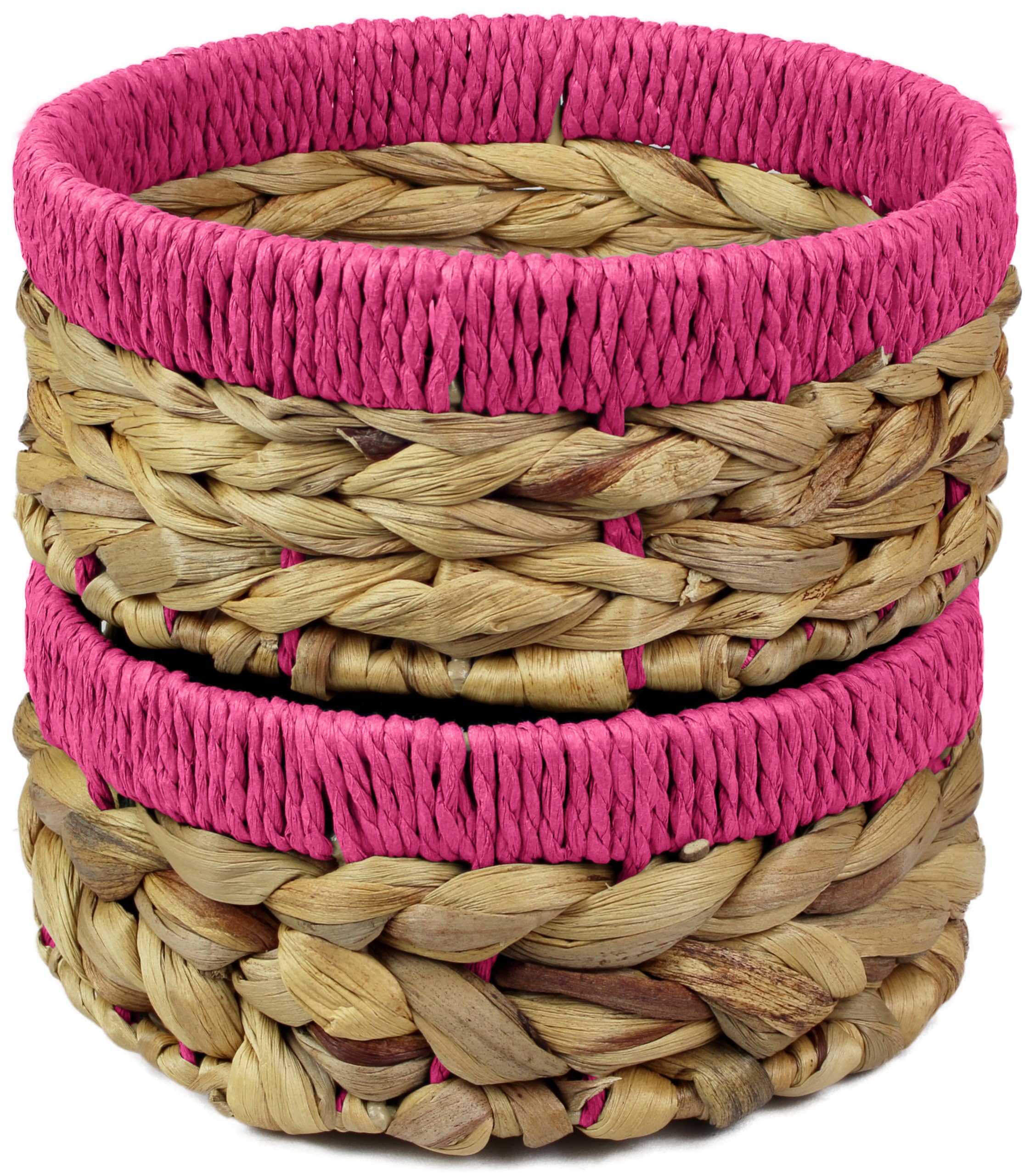 Small Water Hyacinth round baskets for storage Natural colour with Pink edges for shelves open hamper. Decorative gift bathroom storage mini tray make up bathroom Kitchen organiser (2, Medium 18cm)