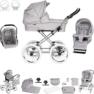 Friedrich Hugo München | 3 in 1 Kombi Kinderwagen Komplettset | Nostalgie Kinderwagen | Farbe: Silbergrau - Rad: Chrom Weiß