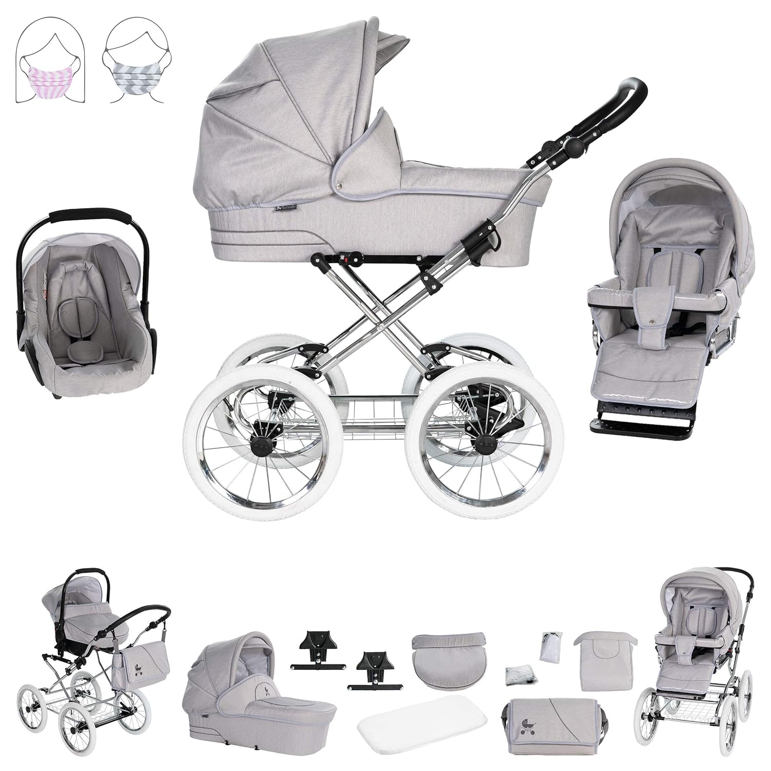 Friedrich Hugo München | 3 in 1 Kombi Kinderwagen Komplettset | Nostalgie Kinderwagen | Farbe: Silbergrau - Rad: Chrom Weiß