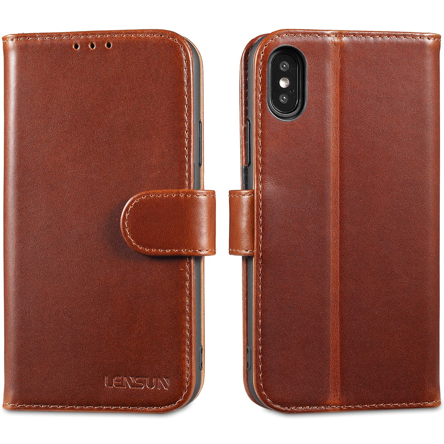LENSUN Case for iPhone X and iPhone XS, Genuine Leather Wallet Phone Flip Cover [RFID Blocking] with Card Holder and Magnetic Closure Compatible with iPhone X/XS - Dark Brown